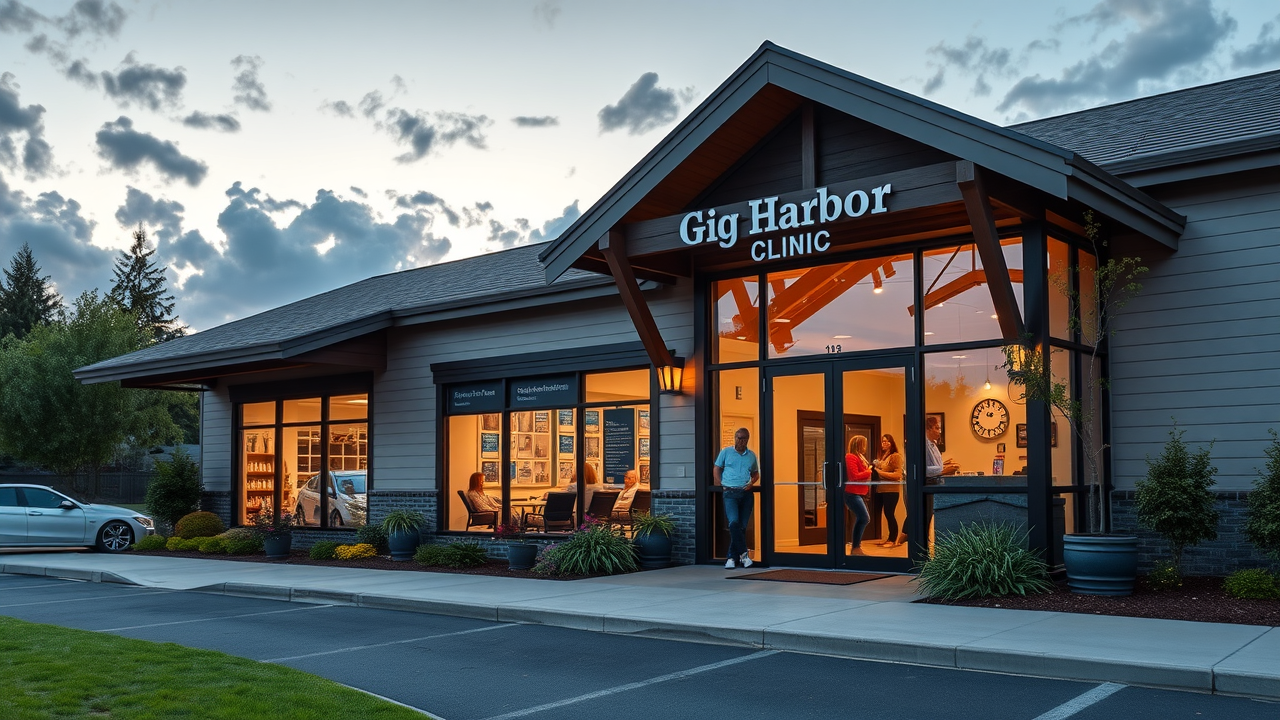 Modern chiropractic office in Gig Harbor with serene landscaping near marina