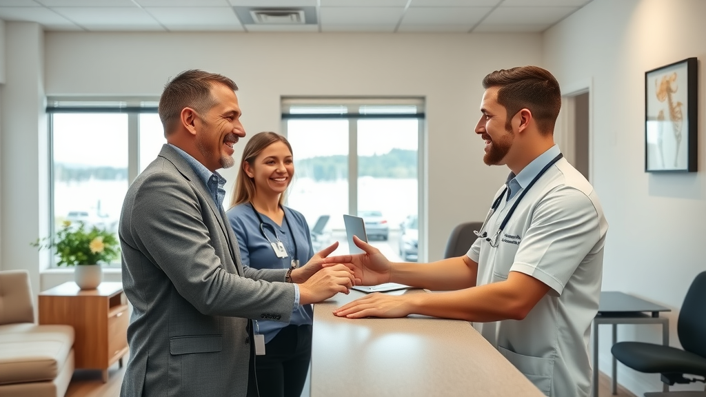 Chiropractor in Gig Harbor modern clinic interior with smiling staff greeting patient at reception, Gig Harbor scenery through windows.