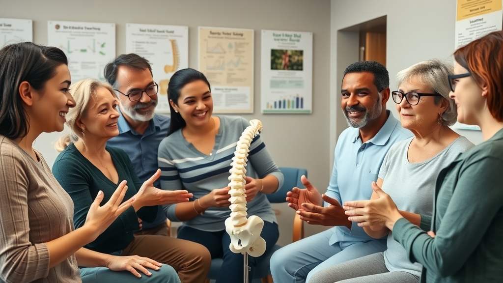 Diverse patients discussing spinal health with a chiropractor in Gig Harbor consultation room