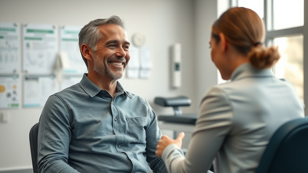 Hopeful adult patient discusses treatment with chiropractor in Gig Harbor office for pain relief