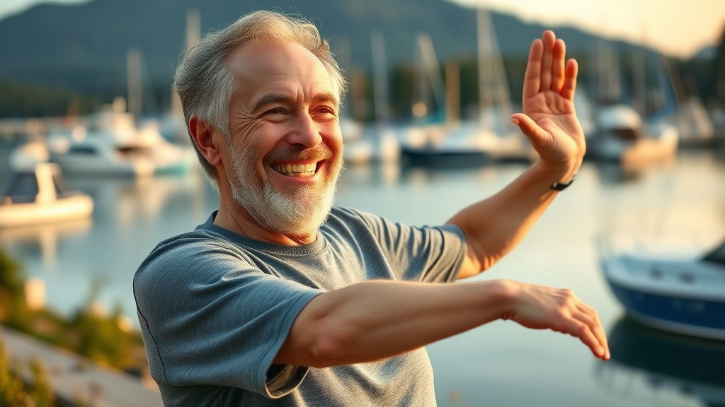 Recovered patient at Gig Harbor waterfront stretches pain-free after chiropractic wellness