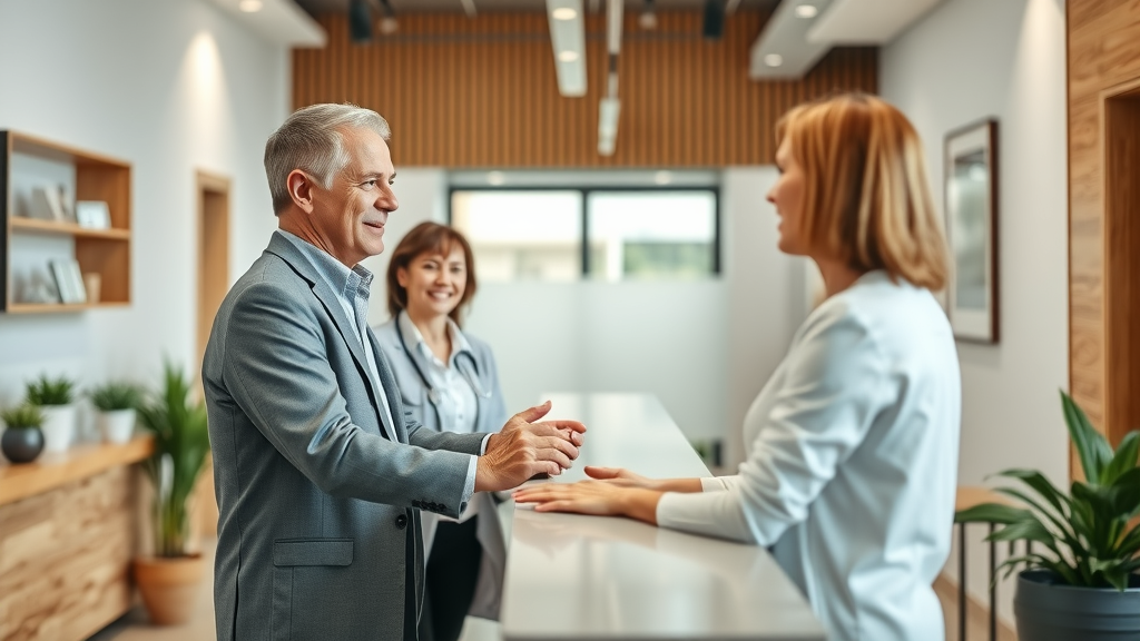 Modern chiropractic clinic interior in Gig Harbor with a welcoming chiropractor greeting a client at the reception desk for expert pain relief