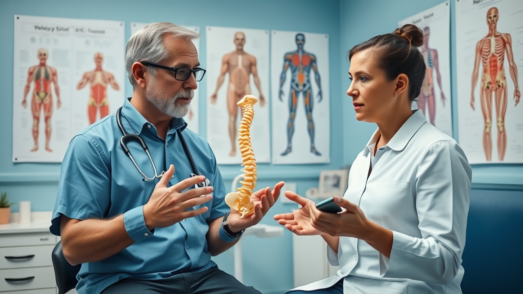 Chiropractor in Gig Harbor consulting with a patient reviewing spine models and anatomical charts for pain relief and back pain care