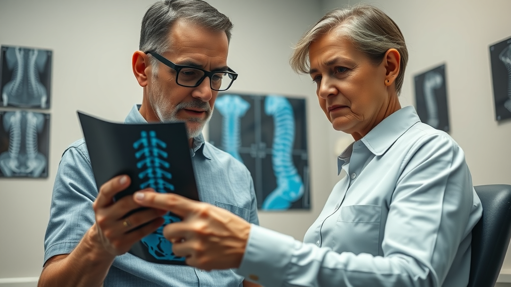 Chiropractor in Gig Harbor examining spine x-rays with a concerned patient in a softly lit clinic office to diagnose back pain