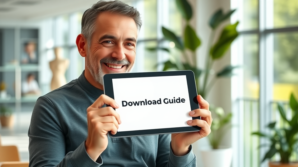 Happy adult chiropractic patient holding a digital tablet in a modern Gig Harbor clinic lobby—relieved and ready to download a free pain relief guide