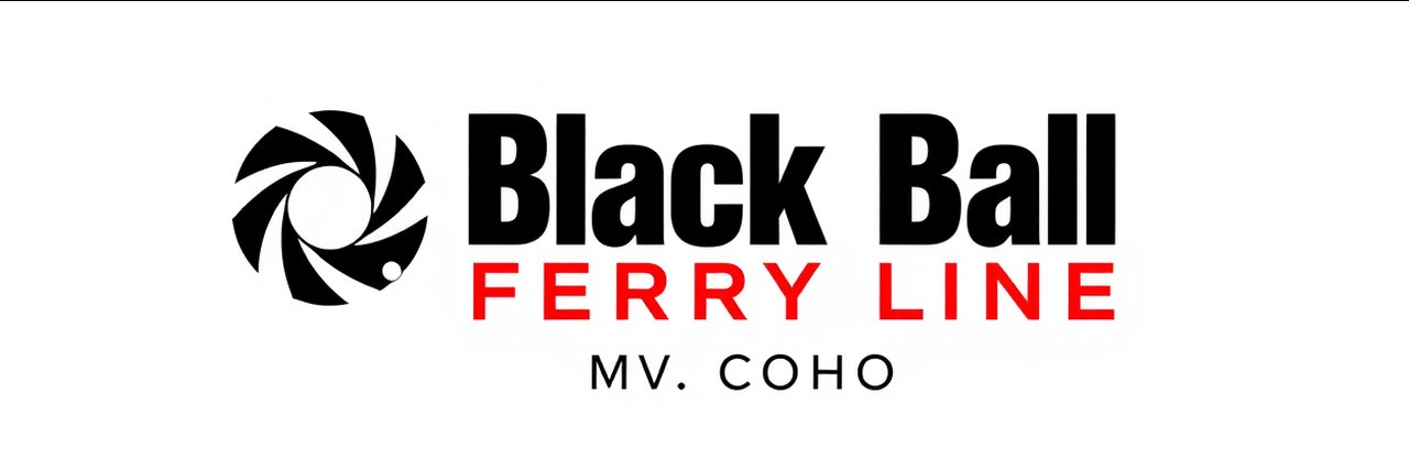 Black Ball Ferry Line logo with bold text and camera aperture design