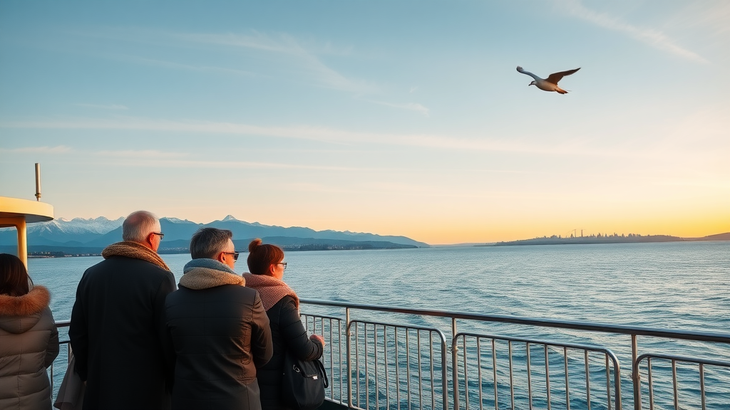 Black Ball Ferry voyage to Christmas in Victoria Canada at sunrise with scenic views.
