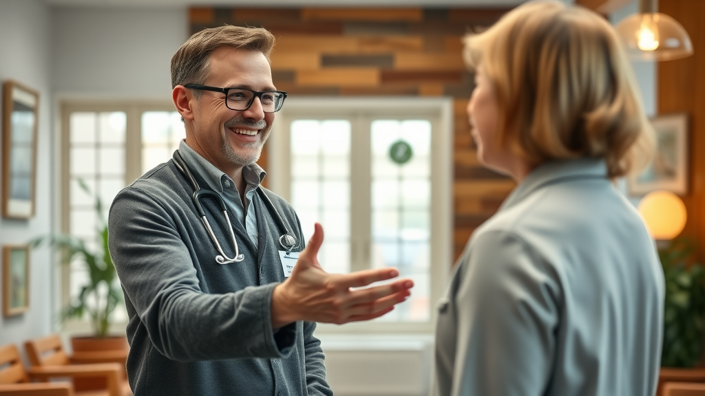 Warm, welcoming chiropractic clinic in Gig Harbor, cozy Pacific Northwest-style with wood accents and natural light, chiropractor greeting patient