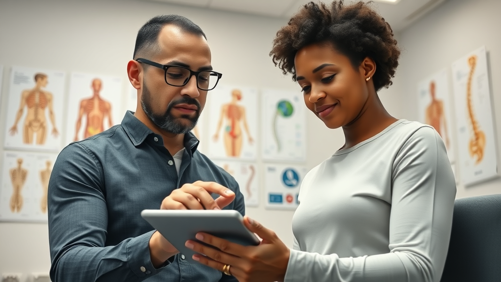 Chiropractor in Gig Harbor consulting with patient, digital spine model, attentive care and comprehensive evaluation for pain relief