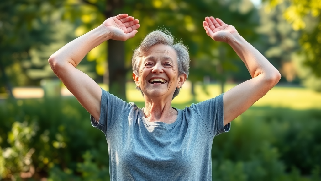 Content patient in Gig Harbor demonstrating improved mobility after chiropractic treatment, stretching arms overhead in scenic Pacific Northwest park