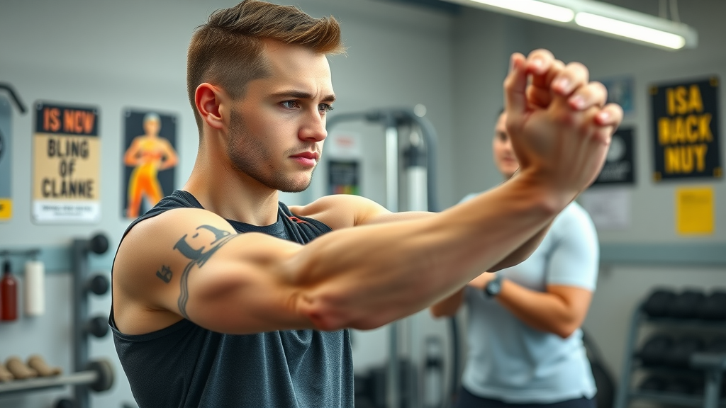 athlete guided by sports chiropractor gig harbor for stretching exercise in gym rehabilitation area