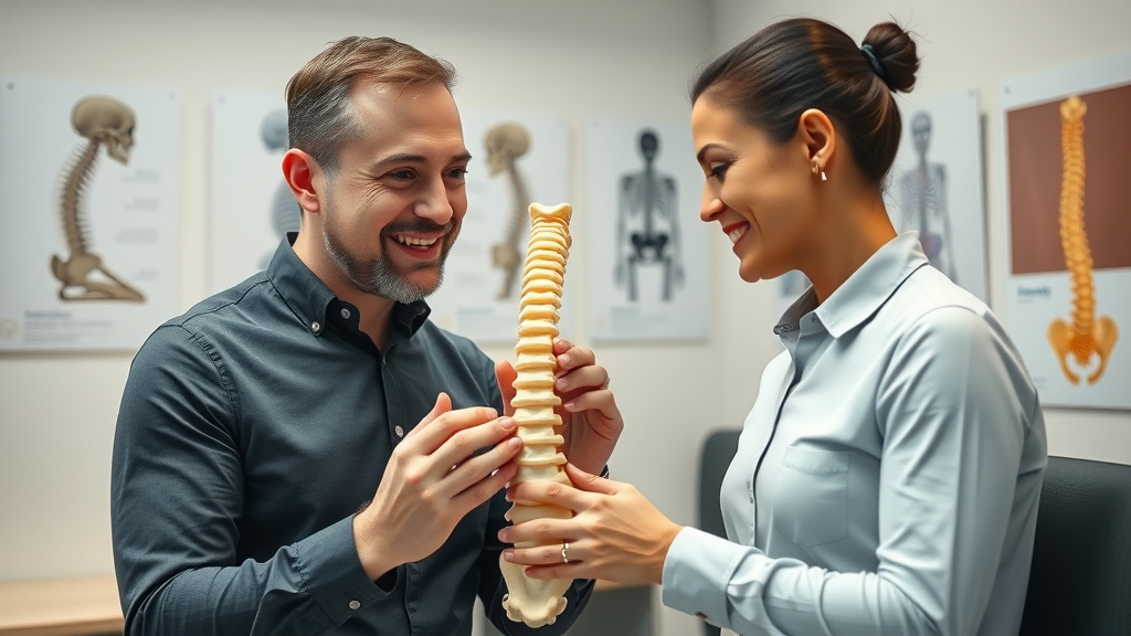 knowledgeable chiropractor consulting with patient, spinal model, modern Gig Harbor medical office, photorealistic, explaining spinal care