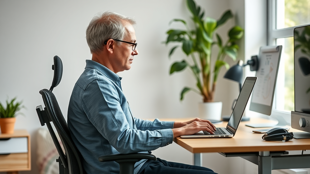 adult practicing upright posture at ergonomic desk, home office with natural elements, Gig Harbor, photorealistic