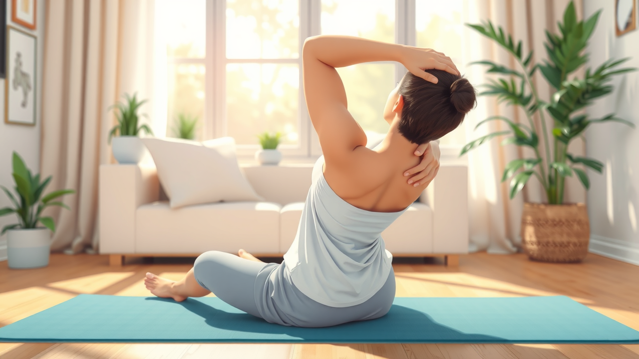 person performing gentle back stretches, yoga mat, cozy Gig Harbor living room, mindful movement, cartoon, soft lighting