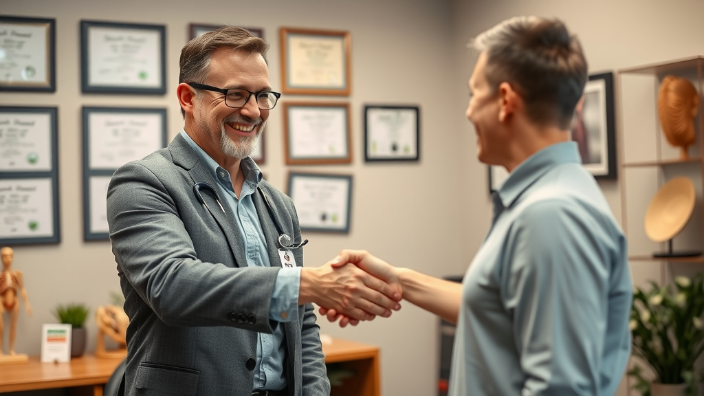 confident chiropractor greeting patient, consultation office, diplomas and models, Gig Harbor, photorealistic