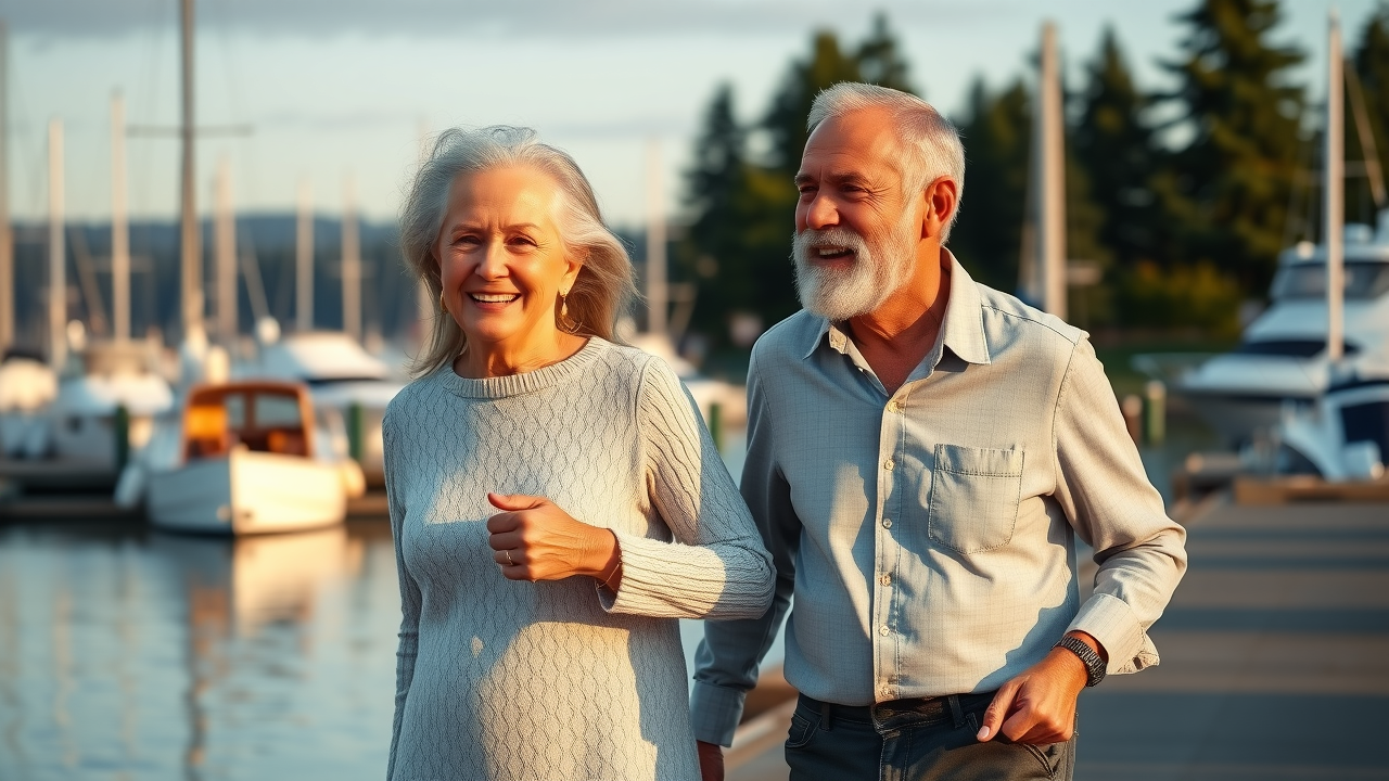 relaxed senior couple walking healthy waterfront Gig Harbor, photorealistic, dynamic movement, sunset