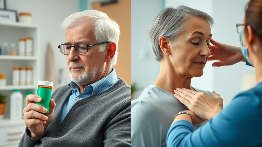 Senior in Gig Harbor choosing chiropractic adjustment over pain meds for lasting relief, contrasting therapies in clinic setting.