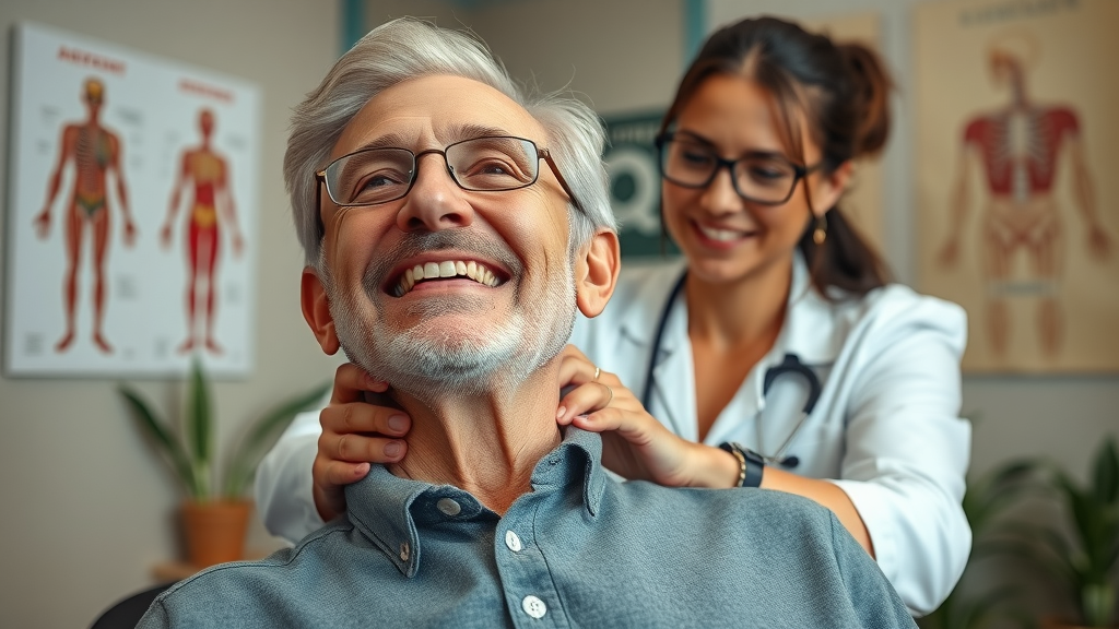 Active senior receiving neck adjustment from a Gig Harbor chiropractor in caring, modern clinic setting.