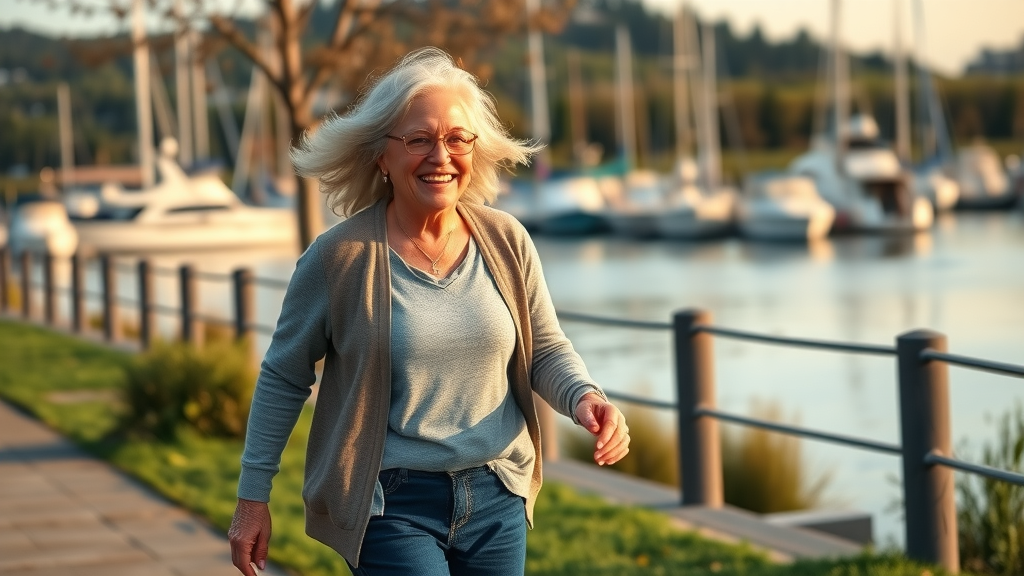 Joyful senior woman walking at Gig Harbor waterfront park, smiling without pain thanks to her chiropractor.