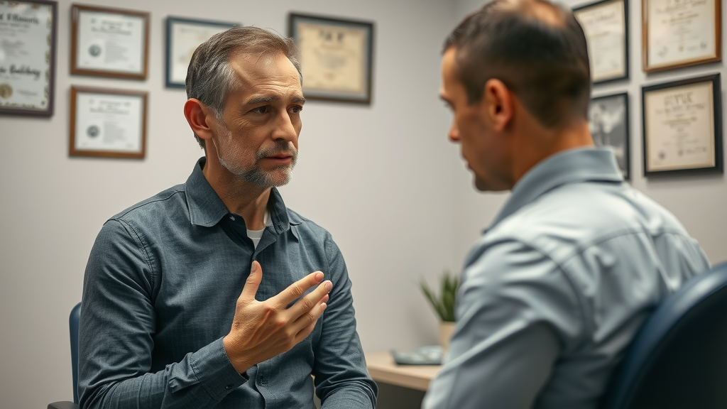 Patient consulting with chiropractor in Gig Harbor about red flags and pain relief