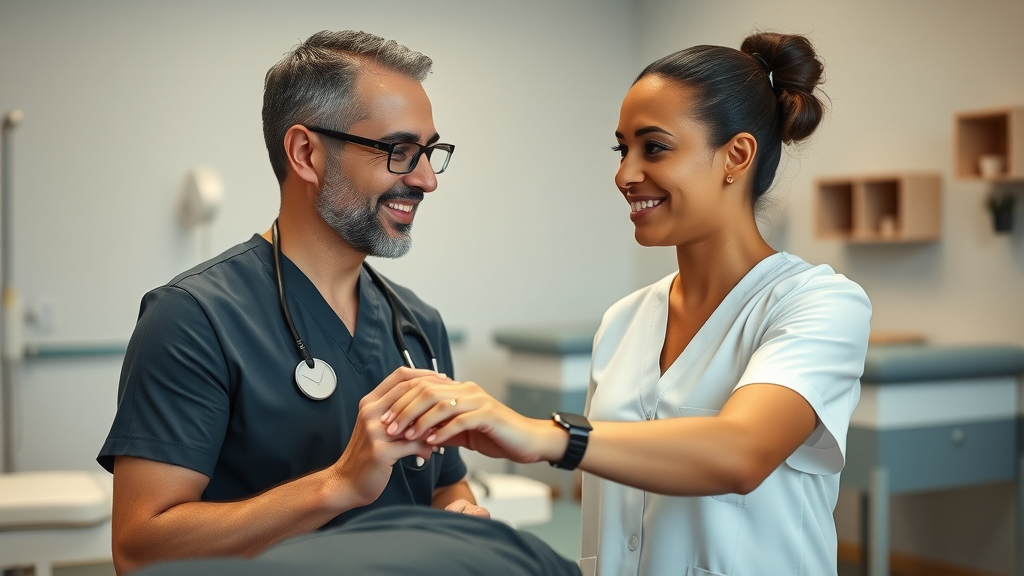 Chiropractor in Gig Harbor and massage therapist collaborating on patient care in a modern clinic