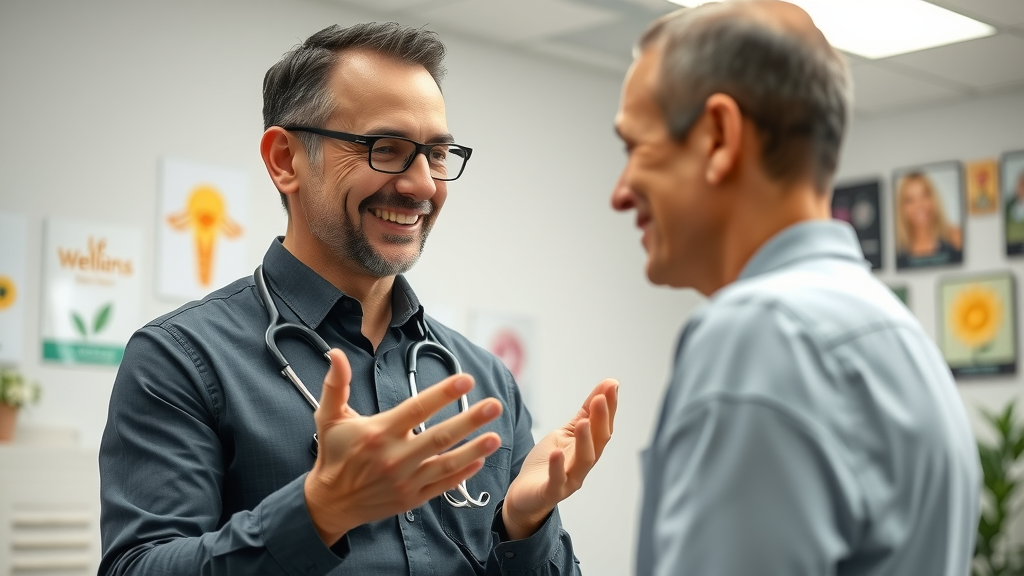 confident and friendly chiropractor in professional attire, reassuring patient with a gentle smile inside a Gig Harbor clinic
