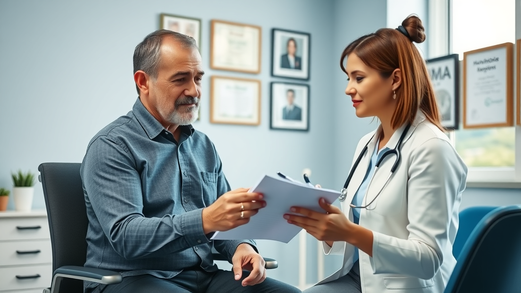 patient and chiropractor during a consultation in Gig Harbor, discussing symptoms in a modern, welcoming exam room