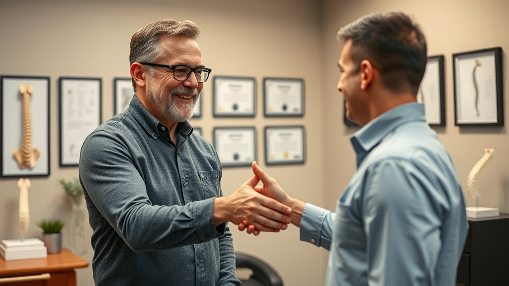 middle-aged chiropractor shaking hands with patient in a welcoming Gig Harbor treatment room, spine models in background
