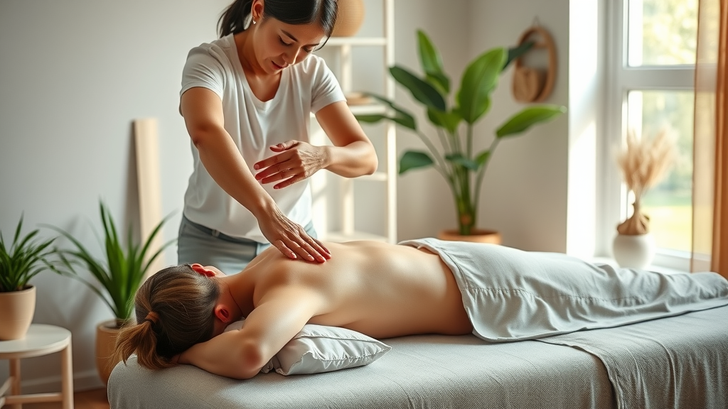professional chiropractor gently adjusting female patient in a serene Gig Harbor treatment room, surrounded by natural plants and sunlight