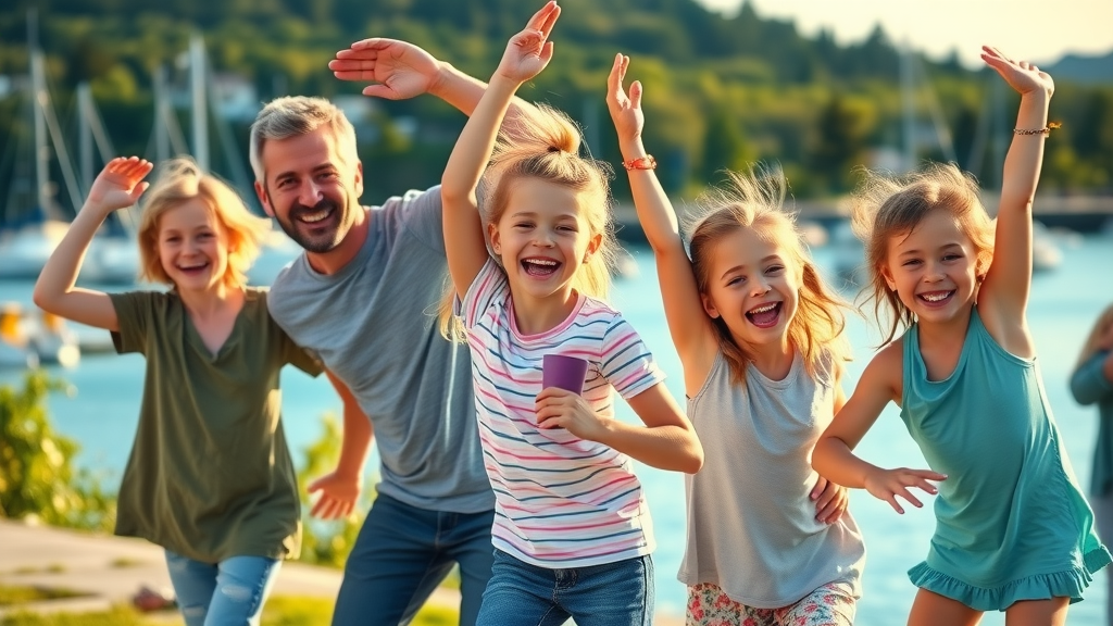smiling family enjoying flexibility and active lifestyle outdoors in Gig Harbor, with scenic harbor and lush greenery
