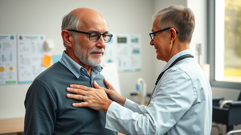 caring senior chiropractor in Gig Harbor examining posture of elderly patient, gentle assessment in calm clinic office with mobility aids, natural and supportive interaction