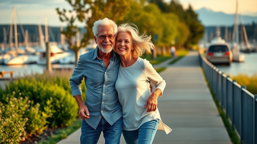 active senior couple walking at Gig Harbor waterfront park, enjoying movement, healthy lifestyle, scenic, sailboats and Mount Rainier backdrop, golden hour lighting