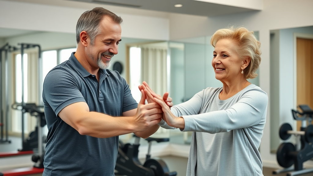male chiropractor in Gig Harbor demonstrating low-impact stretching with enthusiastic senior woman, modern rehab space, guiding rehabilitation exercises, fitness equipment, supportive body language