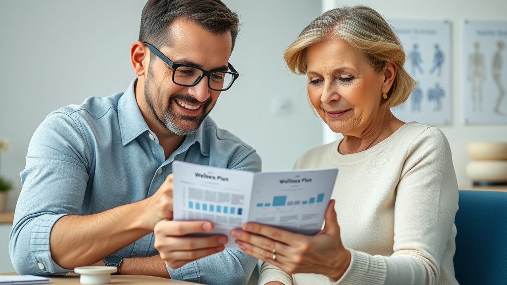 friendly chiropractor discussing personalized wellness plan with senior couple in Gig Harbor, reviewing digital tablet, wellness models, clean office, intentional eye contact