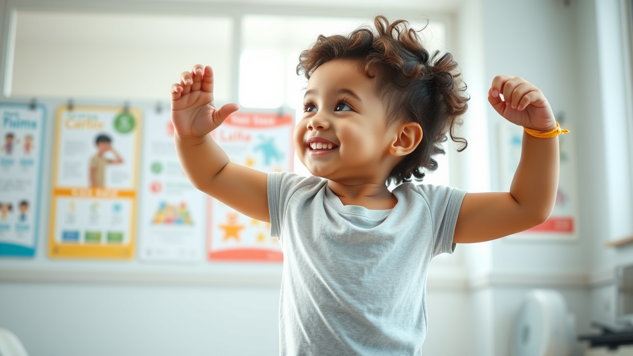Vibrant young child standing tall with perfect posture, smiling confidently, stretching arms inside a bright chiropractic clinic. chiropractor in gig harbor posture correction for kids