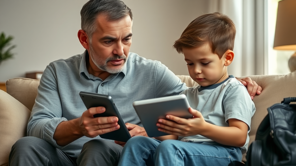 Concerned parent watching slouching child use a tablet, child with bad posture on a couch and backpack nearby. gig harbor chiropractor identifies posture problems.