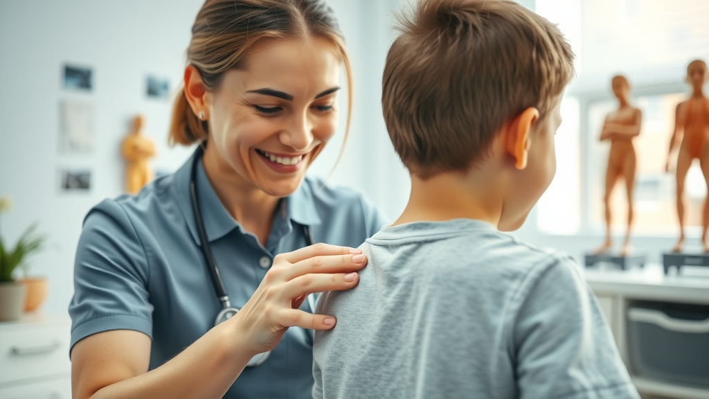 Caring chiropractor gently adjusting a happy child