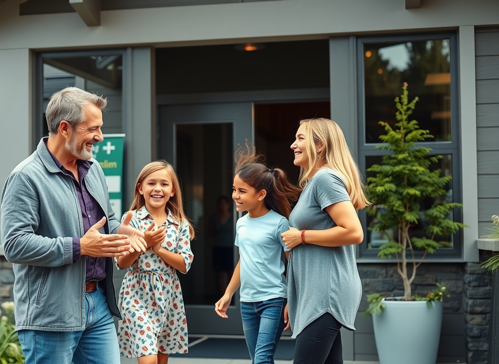 Welcoming chiropractor greeting happy family at clinic entrance. Harbor chiropractor family wellness in Gig Harbor.