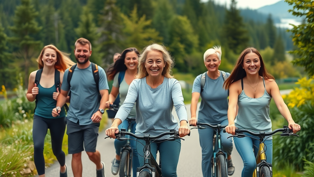 Active adults enjoying chiropractic wellness in a scenic Pacific Northwest park in Gig Harbor, walking and biking.