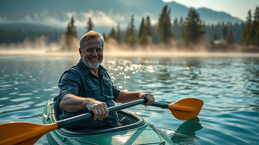 Grateful man smiling kayaking pain free in Gig Harbor after chiropractic sports medicine care.