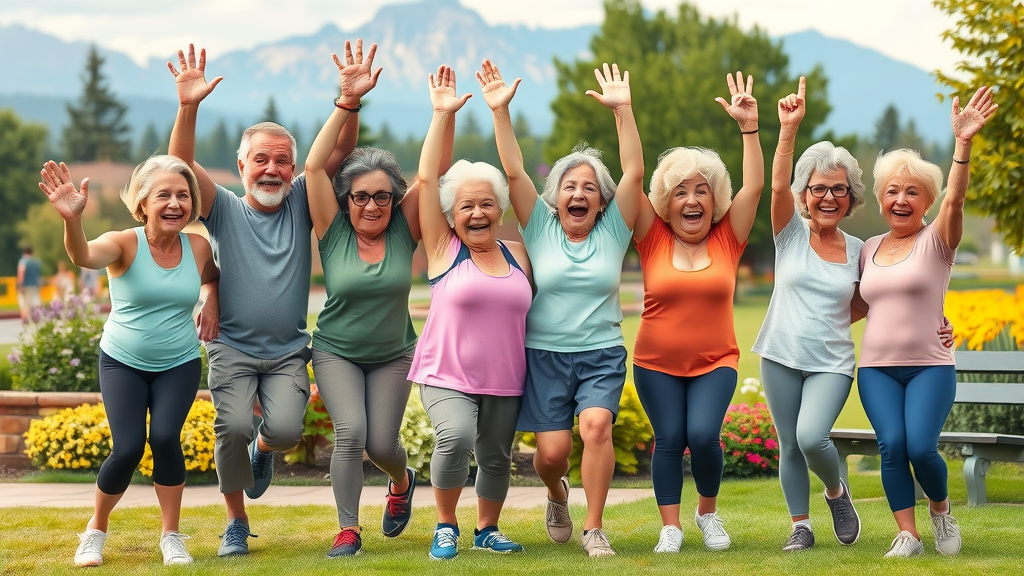 Fit seniors celebrating outdoor recovery after chiropractic care with friends in a Gig Harbor park.