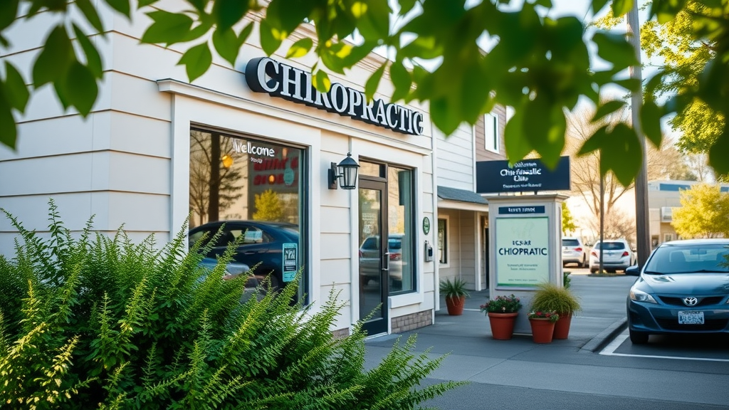 Exterior view of a welcoming chiropractic clinic in Gig Harbor with greenery and modern architecture, ideal for back pain relief