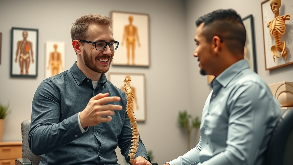 Confident chiropractor consulting with a patient using a spinal model at a Gig Harbor chiropractic wellness center