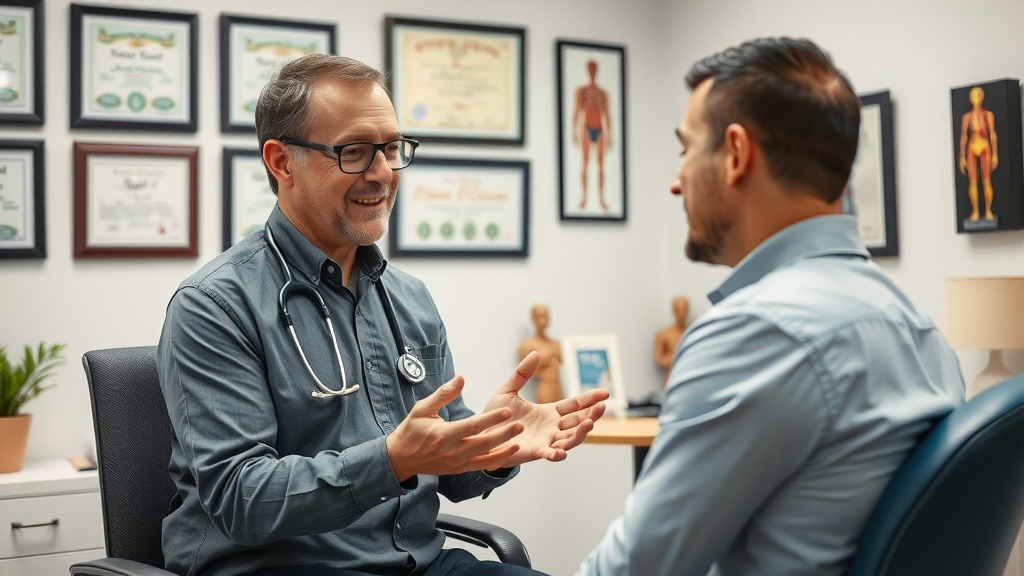 Certified professional chiropractor discussing a care plan with a patient in an office showing framed certifications and anatomical models, Gig Harbor