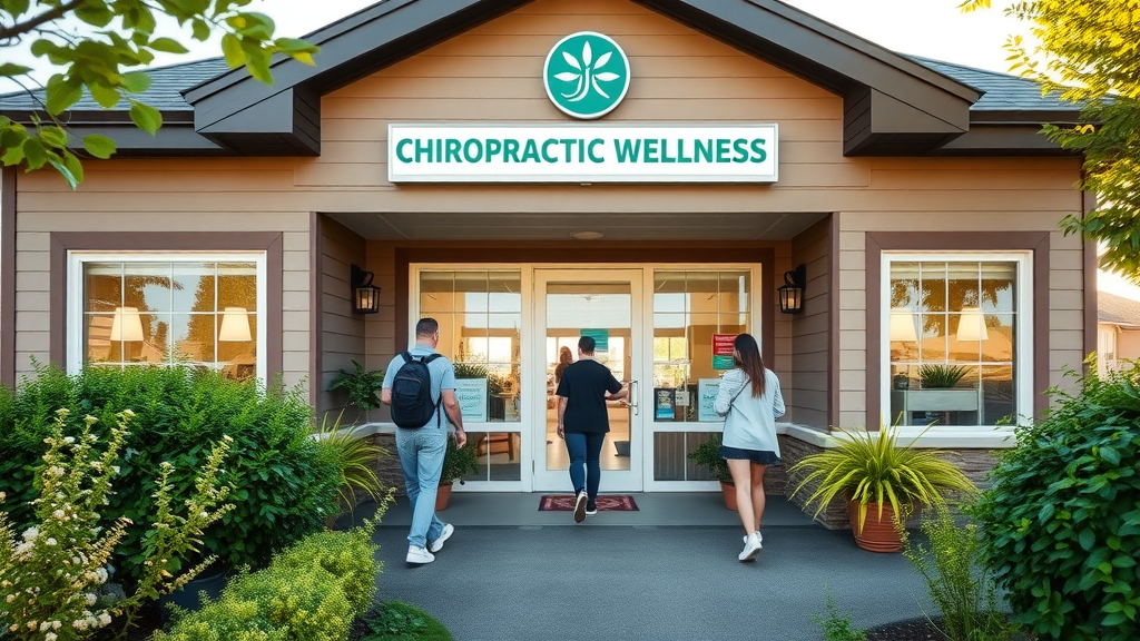 exterior of chiropractic wellness clinic in Gig Harbor, surrounded by lush greenery, welcoming environment, people entering, back pain chiropractor gig harbor