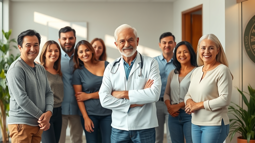 Confident chiropractor in Gig Harbor with diverse satisfied patients in wellness center lobby, showing effective back pain chiropractor gig harbor results