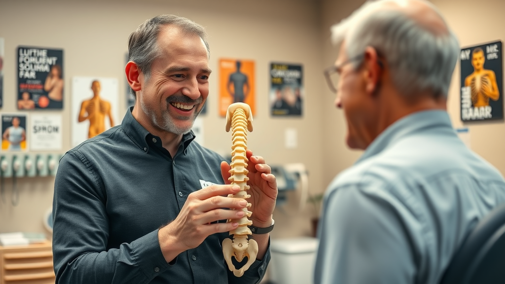 back pain chiropractor gig harbor explaining spinal model to patient in warm, inviting clinic