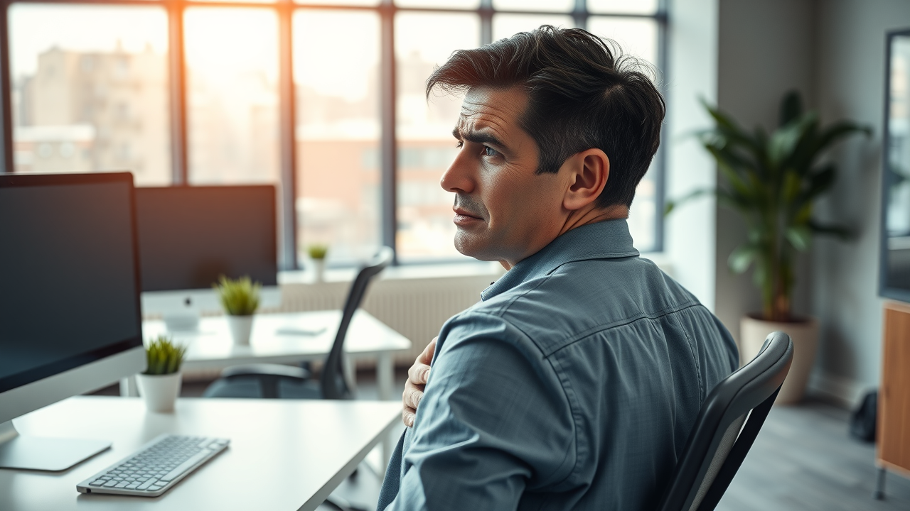 concerned office worker with neck and back pain sitting at ergonomic desk in gig harbor