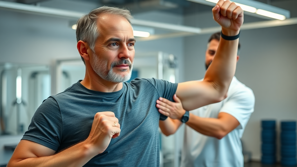 athletic patient in gig harbor doing shoulder mobility exercise with resistance band and encouraging chiropractor
