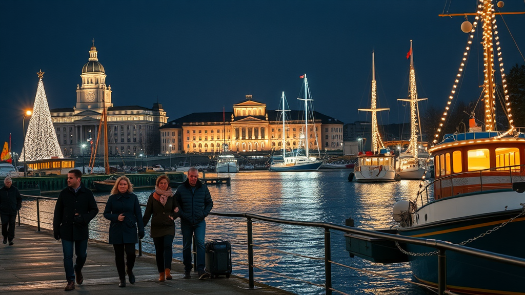 Victoria Inner Harbour sparkling with holiday lights at Christmas in Canada